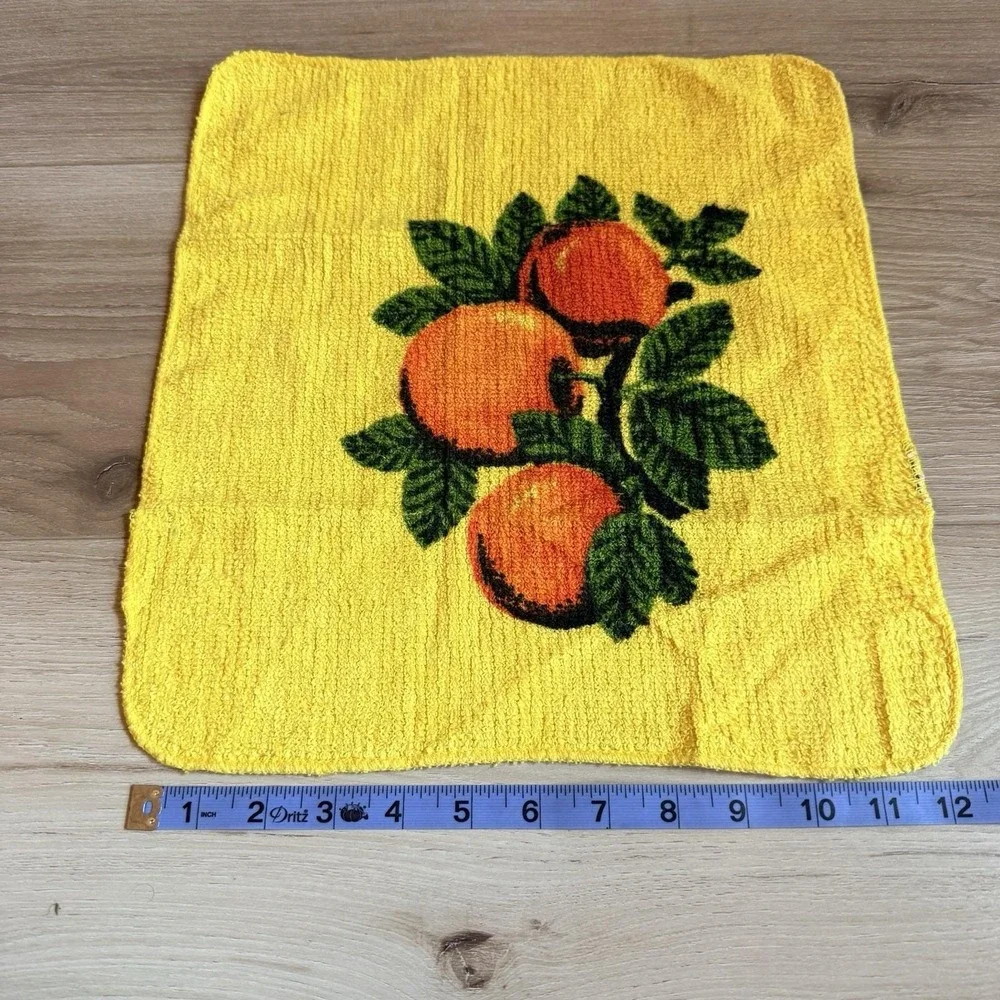 Vintage Yellow Washcloth Orange Fruit Print MCM